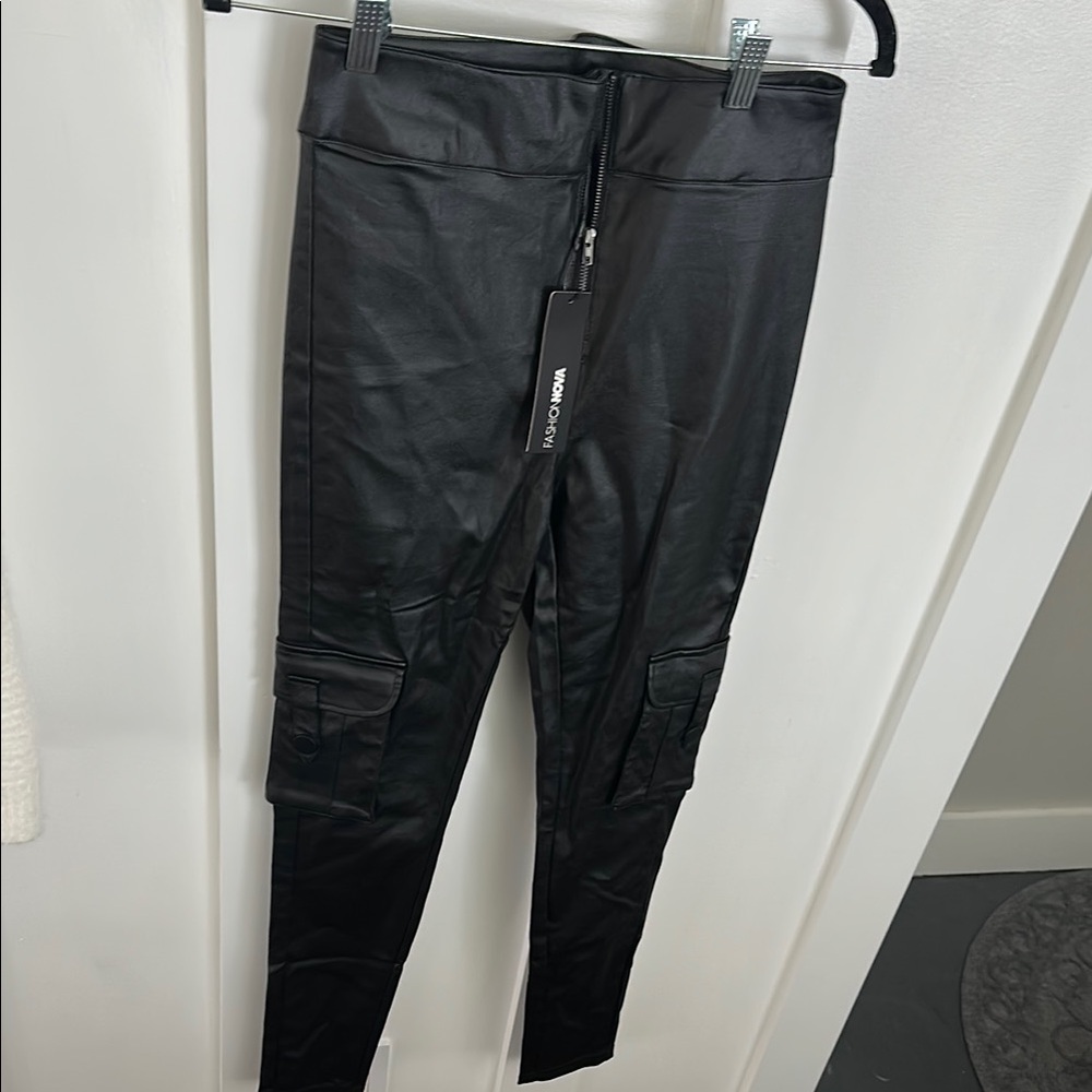 Black Faux Leather Cargo Leggings